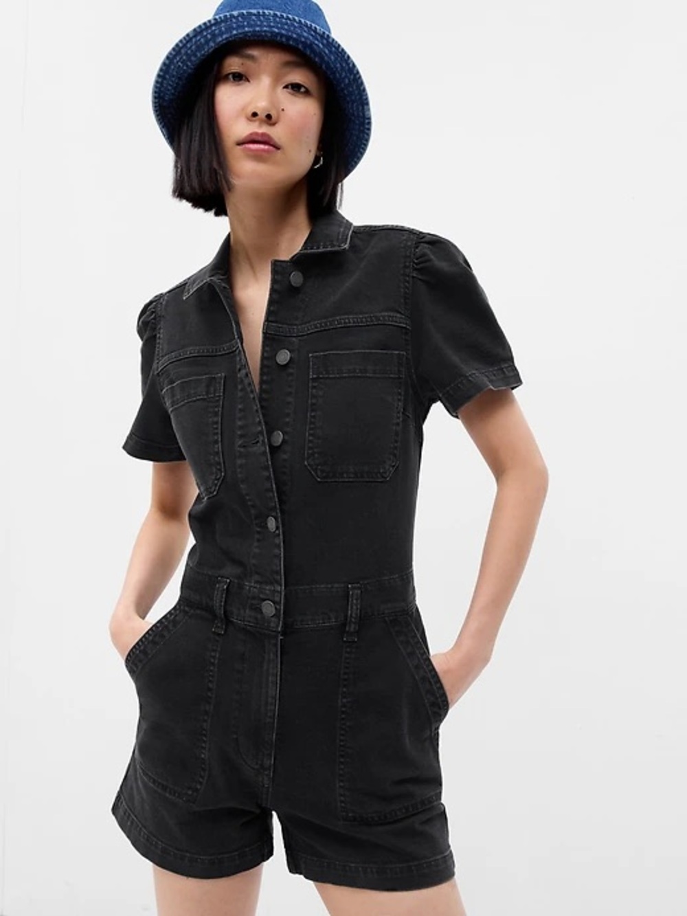 Gap | Puff Sleeve Black Denim Romper Size 14
